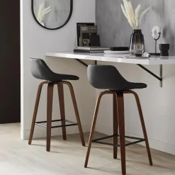 Bouclair Faux Leather and Walnut Wood Bar Stool* Furniture Accessories|Bar & Counter Stools