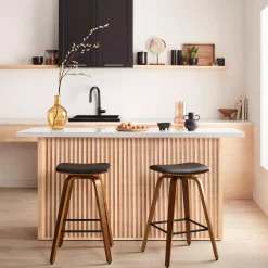 Bouclair Faux Leather and Walnut Wood Backless Stool* Furniture Accessories|Bar & Counter Stools