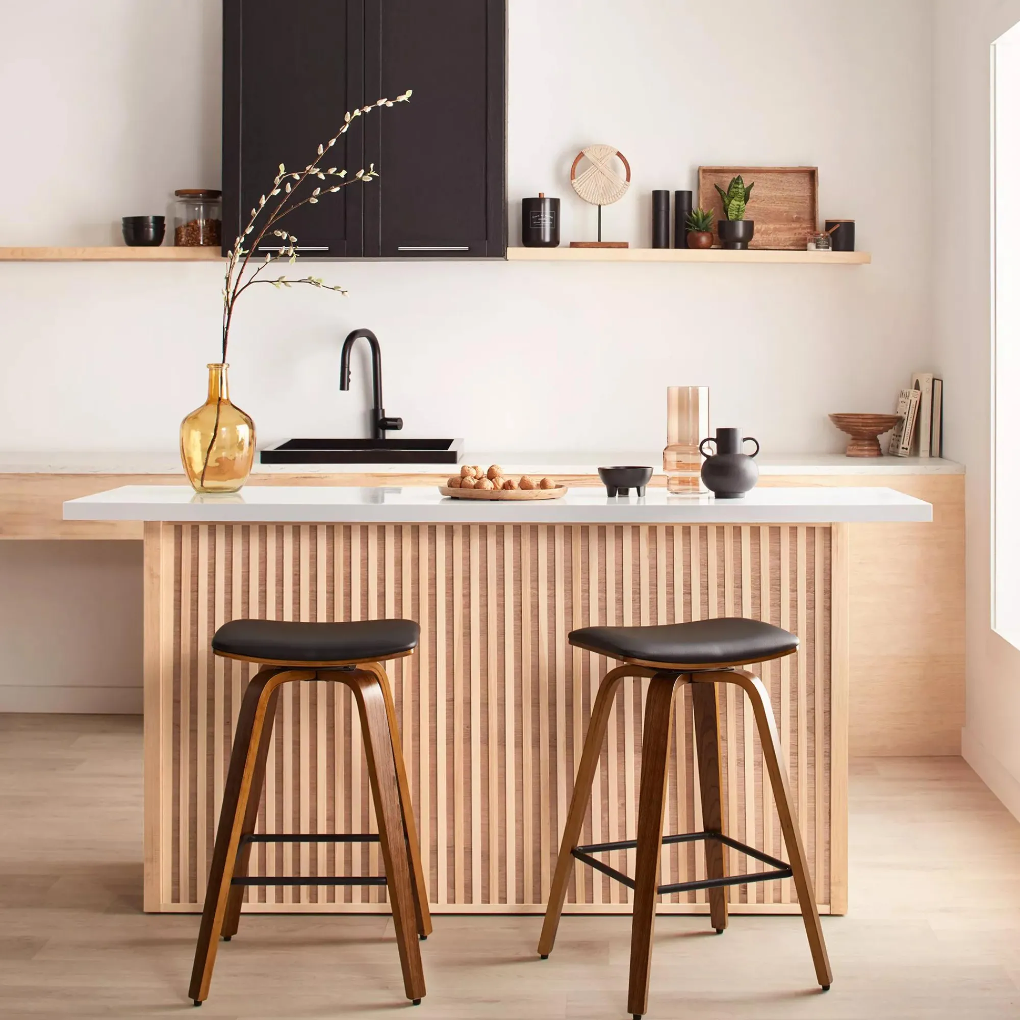 Bouclair Faux Leather and Walnut Wood Backless Stool* Furniture Accessories|Bar & Counter Stools