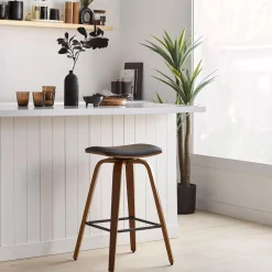 Bouclair Faux Leather and Walnut Wood Backless Stool* Furniture Accessories|Bar & Counter Stools