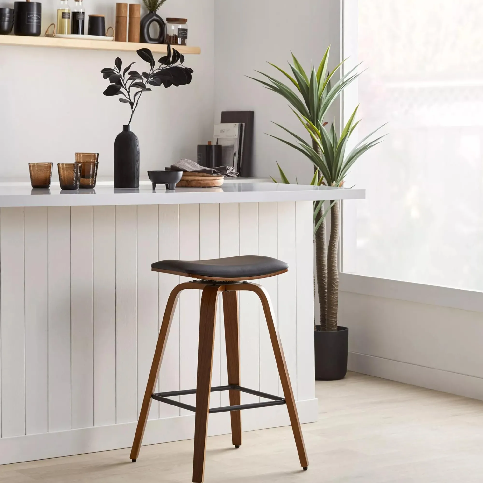 Bouclair Faux Leather and Walnut Wood Backless Stool* Furniture Accessories|Bar & Counter Stools