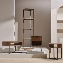 Bouclair Metal and Walnut Veneer Round Coffee Table* Coffee Tables|Coffee Tables & Side Tables